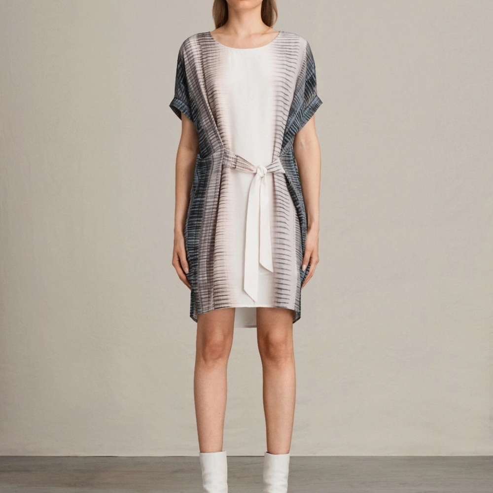 All Saints White and Gray Ombre Tie-Waist Midi Dress